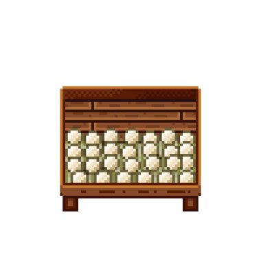 Sebze dükkânı pikseli. Tahta sandıktaki mantarlar. Mantar, pikselli sanat yemek simgesi beyaz arkaplanda izole.