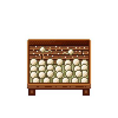 Sebze dükkânı pikseli. Tahta sandıktaki mantarlar. Mantar, pikselli sanat yemek simgesi beyaz arkaplanda izole.