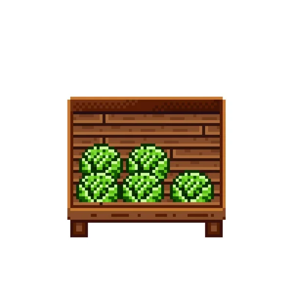 Vegetable Shop Pixel Art Cabbage Wooden Crate Green Headed Cabbage — Vector de stock