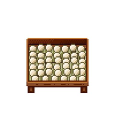 Sebze dükkânı pikseli. Tahta sandıktaki mantarlar. Mantar, pikselli sanat yemek simgesi beyaz arkaplanda izole.