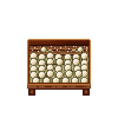 Sebze dükkânı pikseli. Tahta sandıktaki mantarlar. Mantar, pikselli sanat yemek simgesi beyaz arkaplanda izole.