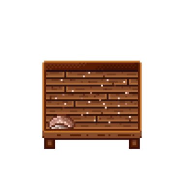 Sebze dükkânı pikseli. Tahta sandıktaki mantarlar. Mantar, besin pikseli resim simgesi beyaz arkaplanda izole. 