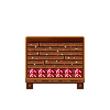 Sebze dükkânı pikseli. Tahta sandıktaki mantarlar. Mantar, besin pikseli resim simgesi beyaz arkaplanda izole.