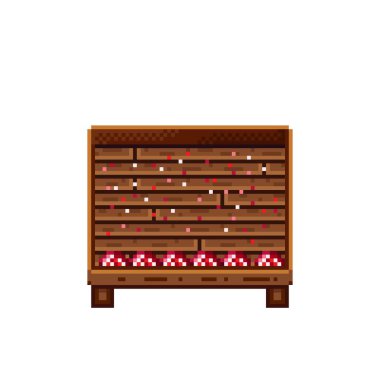 Sebze dükkânı pikseli. Tahta sandıktaki mantarlar. Mantar, besin pikseli resim simgesi beyaz arkaplanda izole.