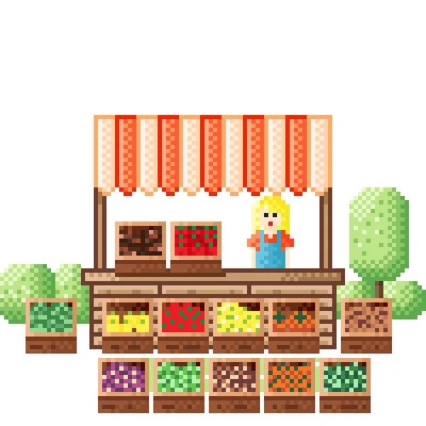 Növényi Panel Pixel Művészet Piaci Pixel Művészet Gyümölcs Zöldségpiac Vektorillusztráció — Stock Vector
