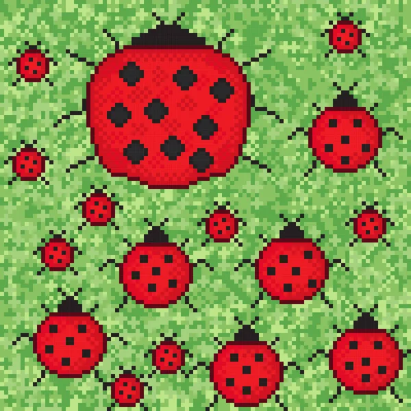 Ladybug Grass Pixel Art Vector Picture — Stock Vector