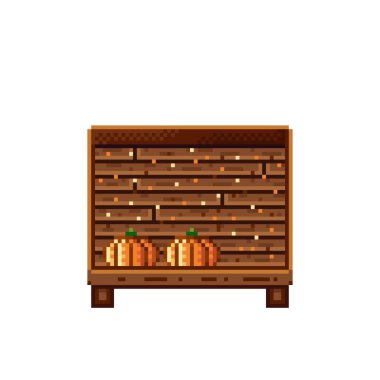 Sebze dükkânı pikseli. Tahta bir sandıkta balkabağı. Kabaklar, besin pikseli resim simgesi beyaz arkaplanda izole.