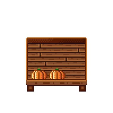 Sebze dükkânı pikseli. Tahta bir sandıkta balkabağı. Kabaklar, besin pikseli resim simgesi beyaz arkaplanda izole.