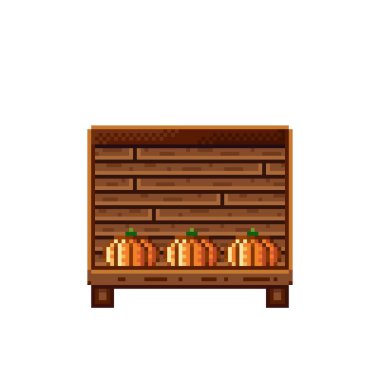 Sebze dükkânı pikseli. Tahta bir sandıkta balkabağı. Kabaklar, besin pikseli resim simgesi beyaz arkaplanda izole.