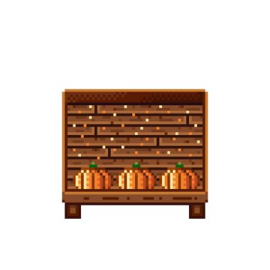 Sebze dükkânı pikseli. Tahta bir sandıkta balkabağı. Kabaklar, besin pikseli resim simgesi beyaz arkaplanda izole.