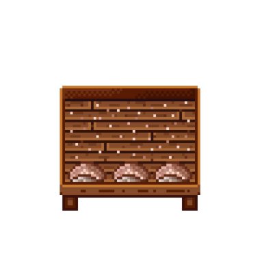 Sebze dükkânı pikseli. Tahta sandıktaki mantarlar. Mantar, besin pikseli resim simgesi beyaz arkaplanda izole. 