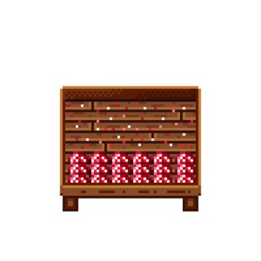 Sebze dükkânı pikseli. Tahta sandıktaki mantarlar. Mantar, besin pikseli resim simgesi beyaz arkaplanda izole.