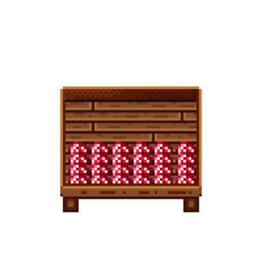 Sebze dükkânı pikseli. Tahta sandıktaki mantarlar. Mantar, besin pikseli resim simgesi beyaz arkaplanda izole.