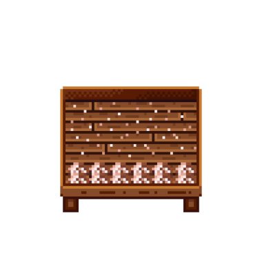 Sebze dükkânı pikseli. Tahta sandıktaki mantarlar. Mantar, besin pikseli resim simgesi beyaz arkaplanda izole. 