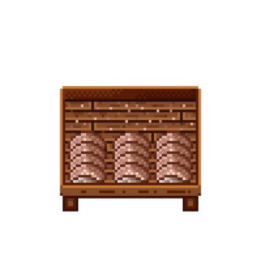 Sebze dükkânı pikseli. Tahta sandıktaki mantarlar. Mantar, besin pikseli resim simgesi beyaz arkaplanda izole. 