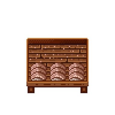 Sebze dükkânı pikseli. Tahta sandıktaki mantarlar. Mantar, besin pikseli resim simgesi beyaz arkaplanda izole. 