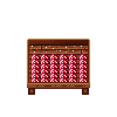 Sebze dükkânı pikseli. Tahta sandıktaki mantarlar. Mantar, besin pikseli resim simgesi beyaz arkaplanda izole.