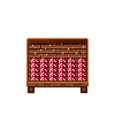 Sebze dükkânı pikseli. Tahta sandıktaki mantarlar. Mantar, besin pikseli resim simgesi beyaz arkaplanda izole.