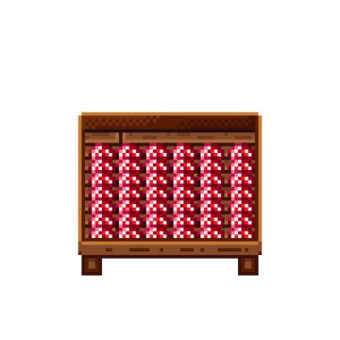 Sebze dükkânı pikseli. Tahta sandıktaki mantarlar. Mantar, besin pikseli resim simgesi beyaz arkaplanda izole.