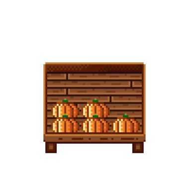 Sebze dükkânı pikseli. Tahta bir sandıkta balkabağı. Kabaklar, besin pikseli resim simgesi beyaz arkaplanda izole.