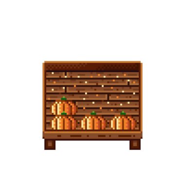 Sebze dükkânı pikseli. Tahta bir sandıkta balkabağı. Kabaklar, besin pikseli resim simgesi beyaz arkaplanda izole.