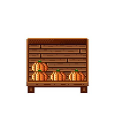 Sebze dükkânı pikseli. Tahta bir sandıkta balkabağı. Kabaklar, besin pikseli resim simgesi beyaz arkaplanda izole.