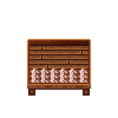 Sebze dükkânı pikseli. Tahta sandıktaki mantarlar. Mantar, besin pikseli resim simgesi beyaz arkaplanda izole. 