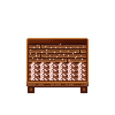 Sebze dükkânı pikseli. Tahta sandıktaki mantarlar. Mantar, besin pikseli resim simgesi beyaz arkaplanda izole. 