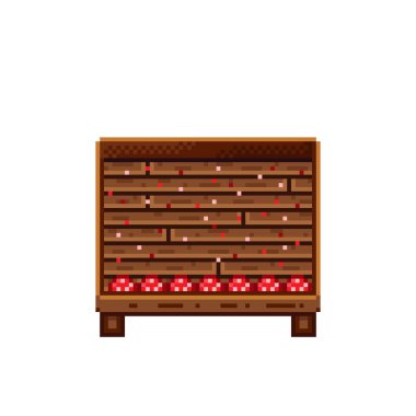 Sebze dükkânı pikseli. Tahta sandıktaki mantarlar. Mantar, besin pikseli resim simgesi beyaz arkaplanda izole.