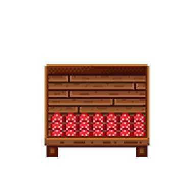 Sebze dükkânı pikseli. Tahta sandıktaki mantarlar. Mantar, besin pikseli resim simgesi beyaz arkaplanda izole.