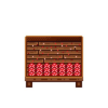 Sebze dükkânı pikseli. Tahta sandıktaki mantarlar. Mantar, besin pikseli resim simgesi beyaz arkaplanda izole.