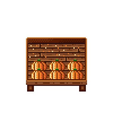 Sebze dükkânı pikseli. Tahta bir sandıkta balkabağı. Kabaklar, besin pikseli resim simgesi beyaz arkaplanda izole.