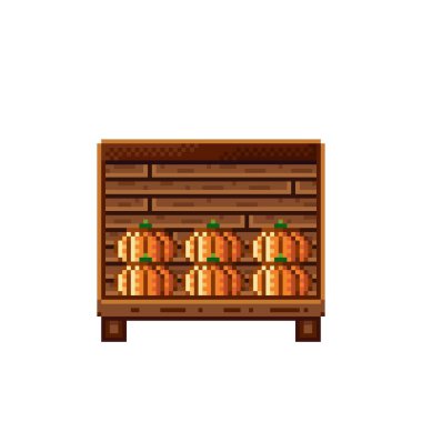 Sebze dükkânı pikseli. Tahta bir sandıkta balkabağı. Kabaklar, besin pikseli resim simgesi beyaz arkaplanda izole.