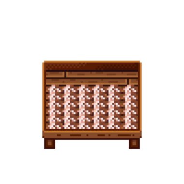 Sebze dükkânı pikseli. Tahta sandıktaki mantarlar. Mantar, besin pikseli resim simgesi beyaz arkaplanda izole. 