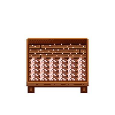 Sebze dükkânı pikseli. Tahta sandıktaki mantarlar. Mantar, besin pikseli resim simgesi beyaz arkaplanda izole. 