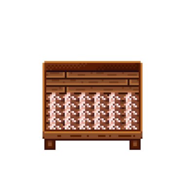 Sebze dükkânı pikseli. Tahta sandıktaki mantarlar. Mantar, besin pikseli resim simgesi beyaz arkaplanda izole. 