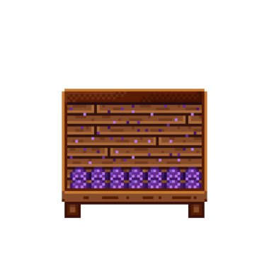 Sebze dükkânı pikseli. Tahta sandıktaki mantarlar. Mantar, besin pikseli resim simgesi beyaz arkaplanda izole.