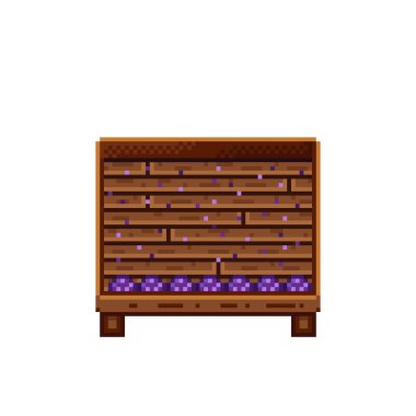 Sebze dükkânı pikseli. Tahta sandıktaki mantarlar. Mantar, besin pikseli resim simgesi beyaz arkaplanda izole.