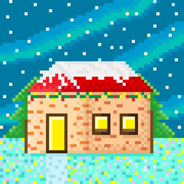 冬天的房子和圣诞树像素艺术 矢量图解 圣诞快乐的例证 — 图库矢量图片