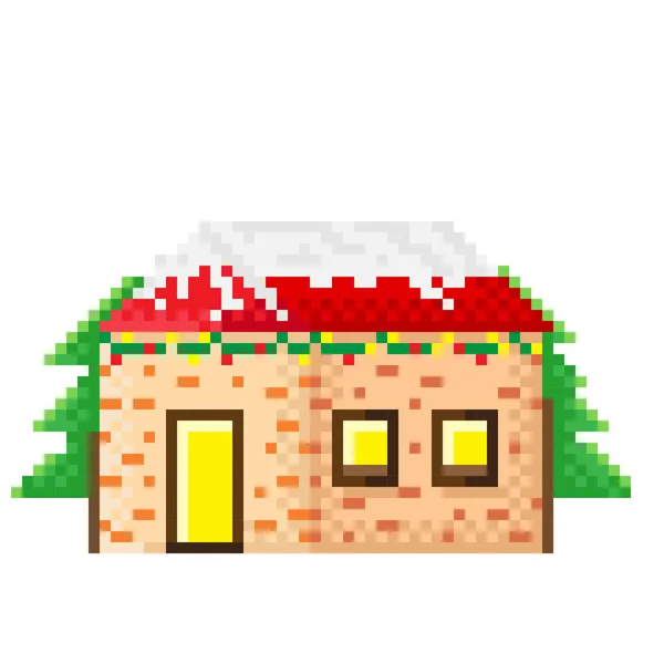 Casa Invierno Árbol Navidad Pixel Art Ilustración Vectorial Feliz Navidad — Vector de stock