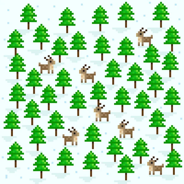 Рождественская Елка Пиксельное Искусство Оленей Векторная Иллюстрация Сосновый Лес — стоковый вектор