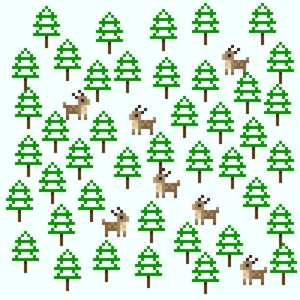 Albero Natale Pixel Art Renna Illustrazione Vettoriale Modello Foresta Pino — Vettoriale Stock