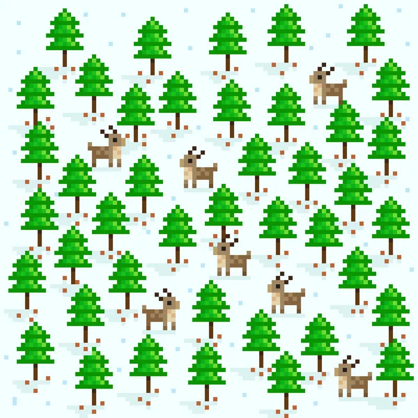 Julgran Och Ren Pixel Konst Vektorillustration Mönster För Tallskog — Stock vektor