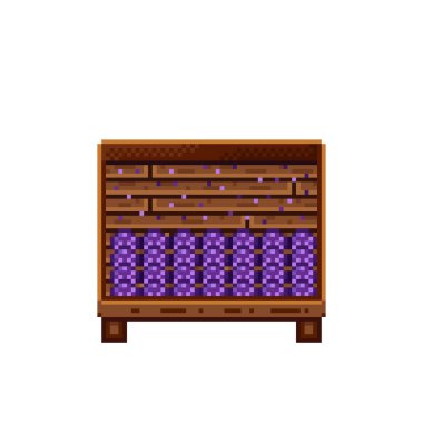 Sebze dükkânı pikseli. Tahta sandıktaki mantarlar. Mantar, besin pikseli resim simgesi beyaz arkaplanda izole.