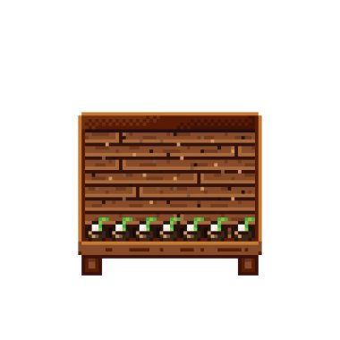 Meyve dükkânı pikselleri. Tahta bir sandıkta hindistan cevizi. Hindistan cevizi, besin pikseli resim simgesi beyaz arkaplanda izole.