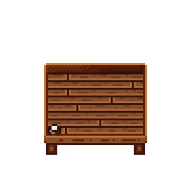 Meyve dükkânı pikselleri. Tahta bir sandıkta hindistan cevizi. Hindistan cevizi, besin pikseli resim simgesi beyaz arkaplanda izole.