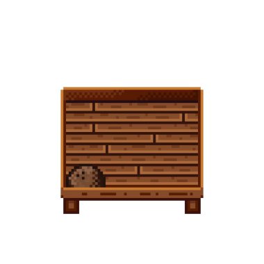 Meyve dükkânı pikselleri. Tahta bir sandıkta hindistan cevizi. Hindistan cevizi, besin pikseli resim simgesi beyaz arkaplanda izole.