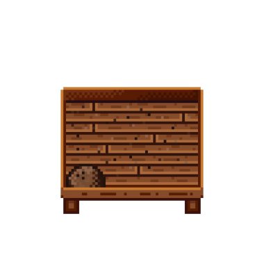 Meyve dükkânı pikselleri. Tahta bir sandıkta hindistan cevizi. Hindistan cevizi, besin pikseli resim simgesi beyaz arkaplanda izole.