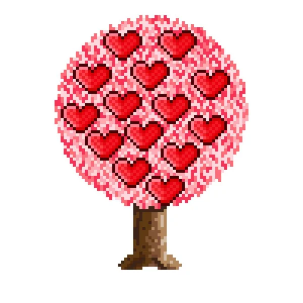 Tree Pixel Art Tree Decorated Hearts Vector Illustration Valentine Day — Stock vektor