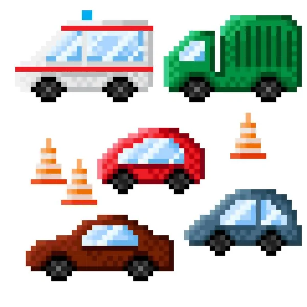 Transport Pixel Art Icons Set Garbage Collection Vehicle Car Ambulance — Stock Vector